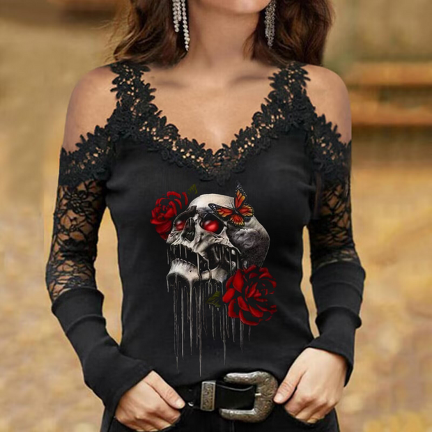 Rose&Skull Print Lace Sleeves Strappy V-neck Top