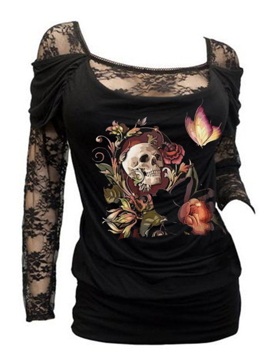 Sexy Langarm-Top mit Blumenspitze und Totenkopf-Schmetterling