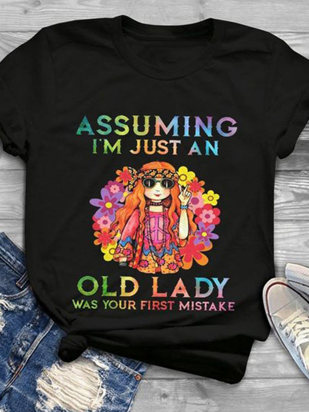 Kurzärmliges T-Shirt mit Old Lady Fashion-Print 