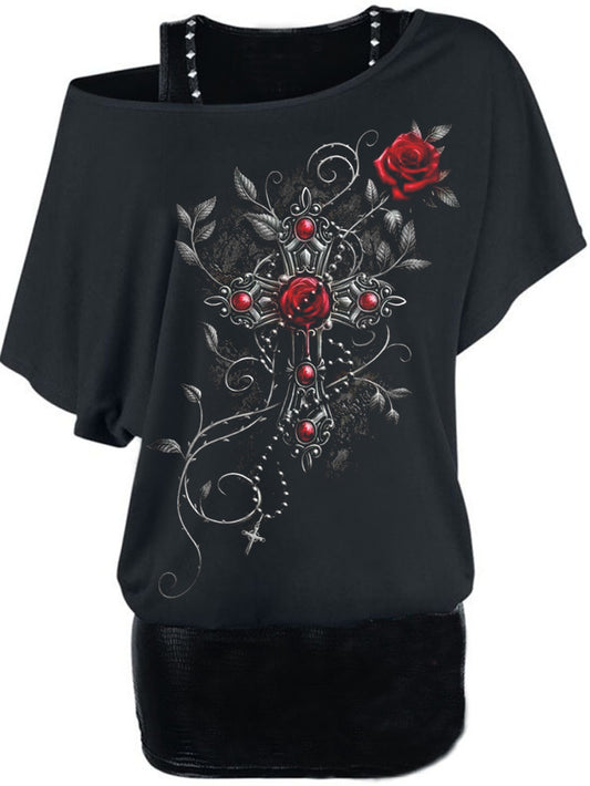 Rose Cross Printed Loose T-Shirt