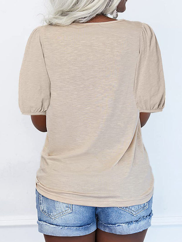 T-shirt à manches courtes et col en V avec fermeture éclair de couleur unie 