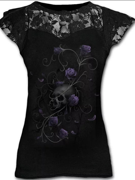 Damen T-Shirt mit Patchwork-Totenkopf-Print