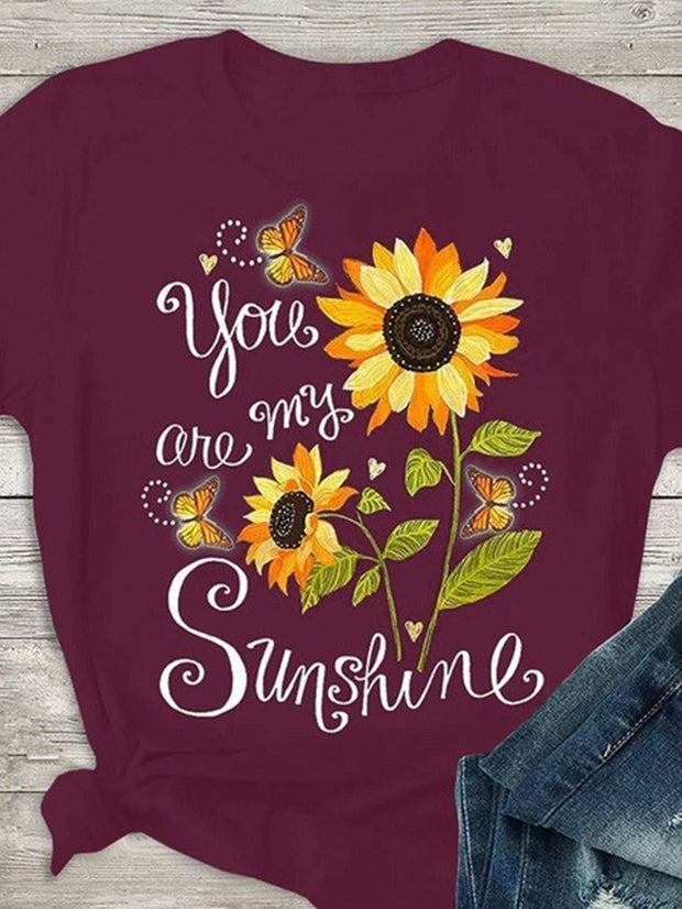 Kurzärmliges T-Shirt mit Schmetterlings- und Sonnenblumen-Aufdruck 