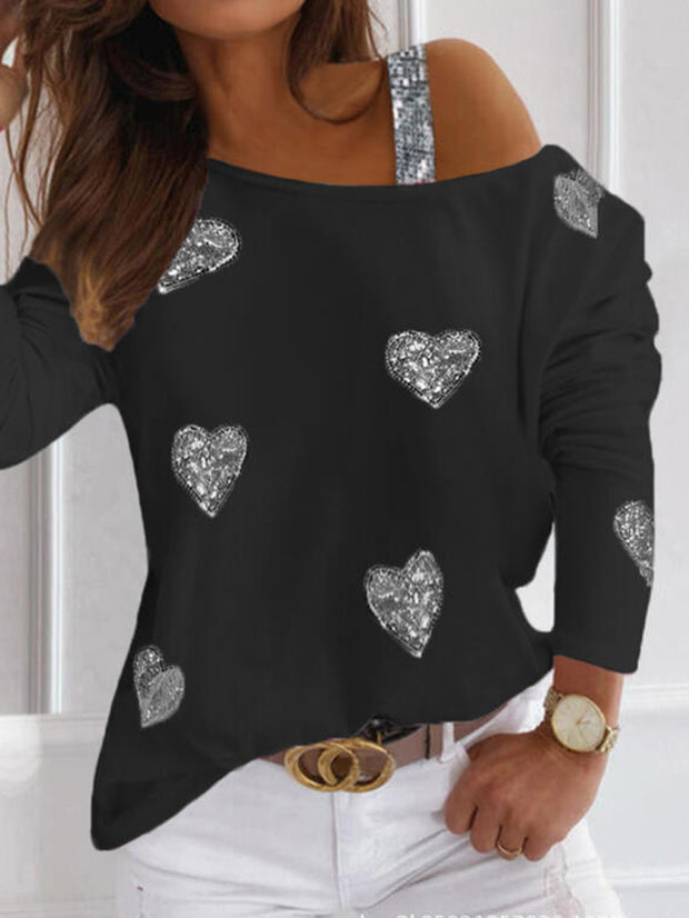 Cold Shoulder Fashion Hearts Pattern Top