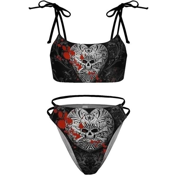 Sexy Bikini-Badeanzug mit Band und Gothic-Print im Totenkopf- und Blut-Design