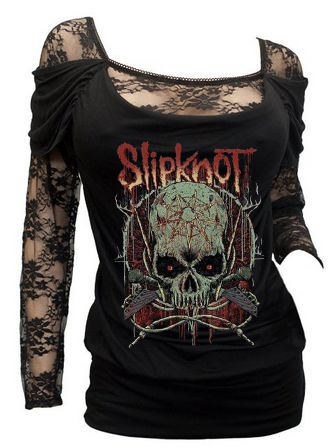 Retro Slipknot Skull Print Sexy Flat Lace Long Sleeve Top