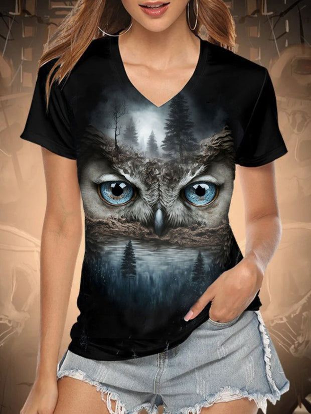 T-shirt col V femme imprimé hibou 