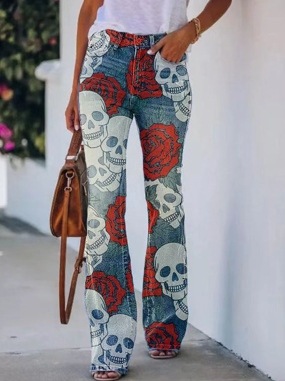 Imitation Denim Printed Trousers