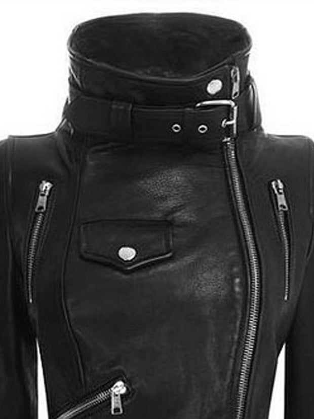 Punk Zipper Stitching PU Leather Stand Collar Short Jacket