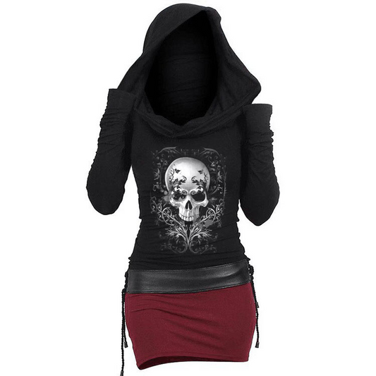 Kleid mit Kapuze und Gothic-Tattoo-Totenkopf-Print in Farbblock-Optik