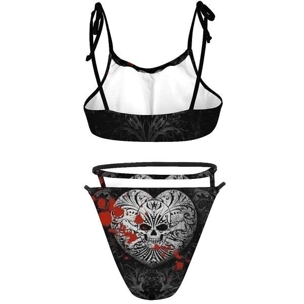 Gothic Love Skull Blood Printed Sexy Banded Bikini Swimsuit