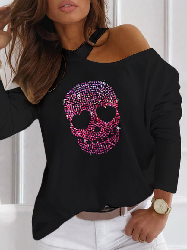 Sexy Off Shoulder Skull Printed T-Shirt