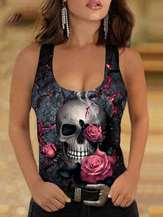 Skull Rose Print Tank Top