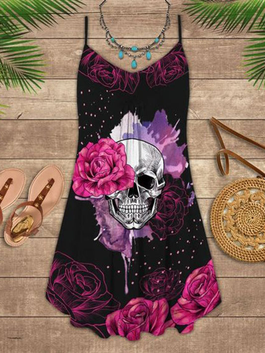 Robe caraco punk à imprimé tête de mort et roses 