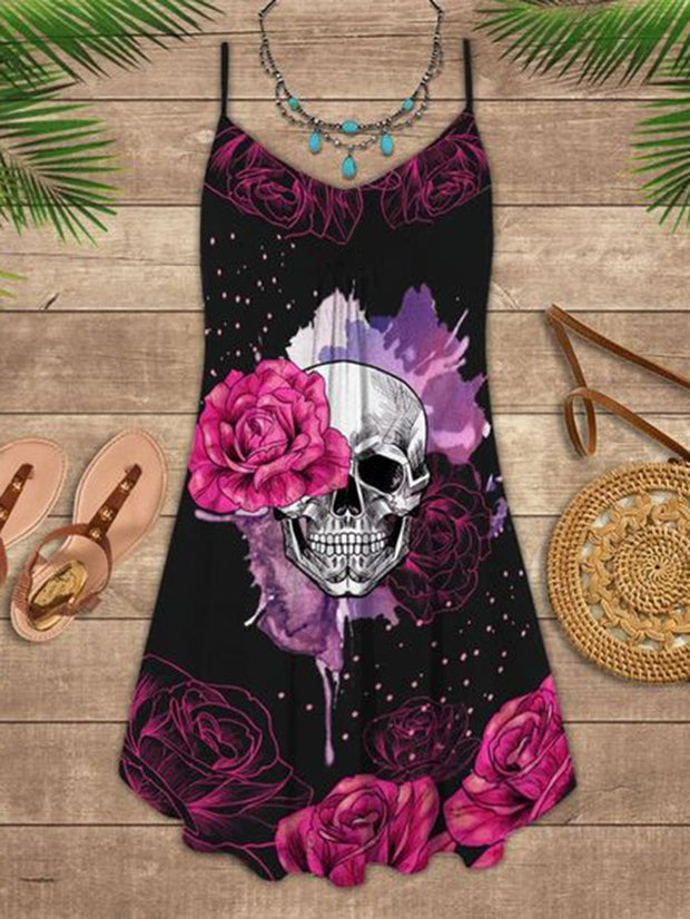 Roses Skull Printed Punk Cami Dress