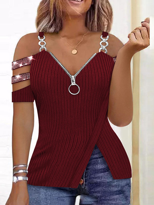 Women's Metal Chain Zip V-neck Top