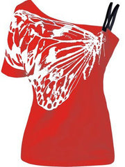 T-Shirt mit unregelmäßigem schulterfreiem Träger und Schmetterlings-Print 