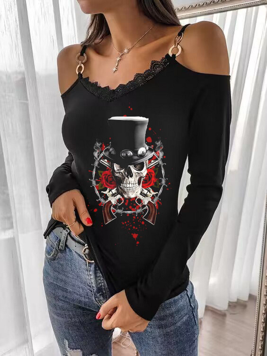 Skull Hat Guns And Roses Strap V-neck Lace Off-Shoulder Top