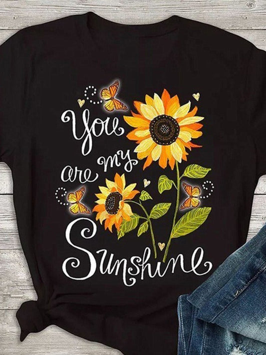 Short Sleeve Butterfly Sunflower Printed T-shirt