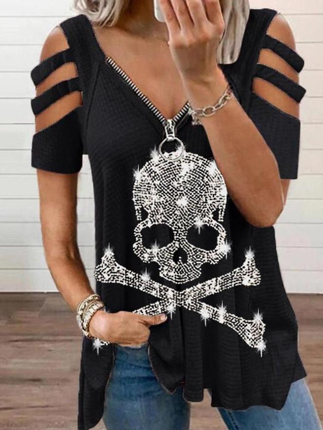 Cotton Skull Print V-neck Cold Shoulder T-shirt