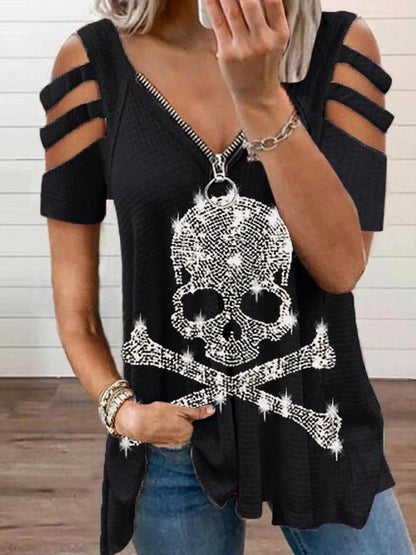 Cotton Skull Print V-neck Cold Shoulder T-shirt