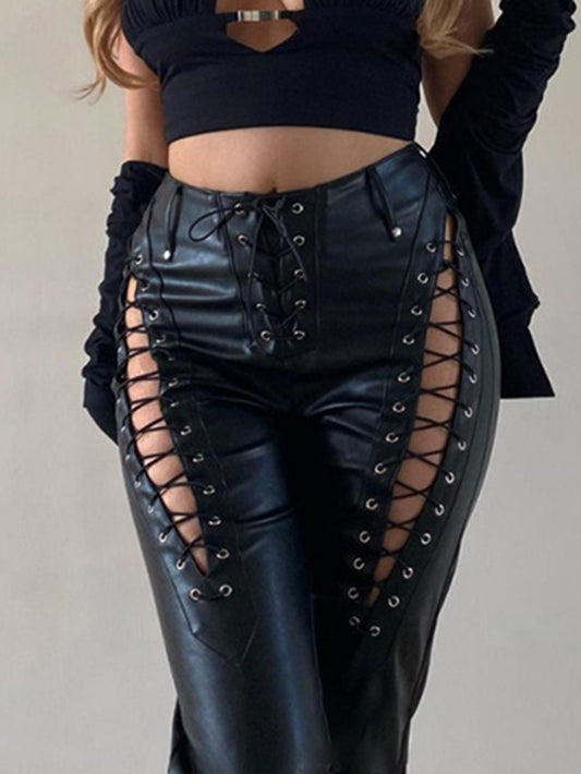 Pantalon sexy en PU évidé à lacets 