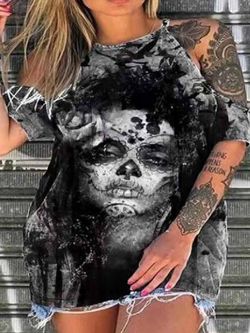 Cold Shoulder Gothic Printed T-Shirt