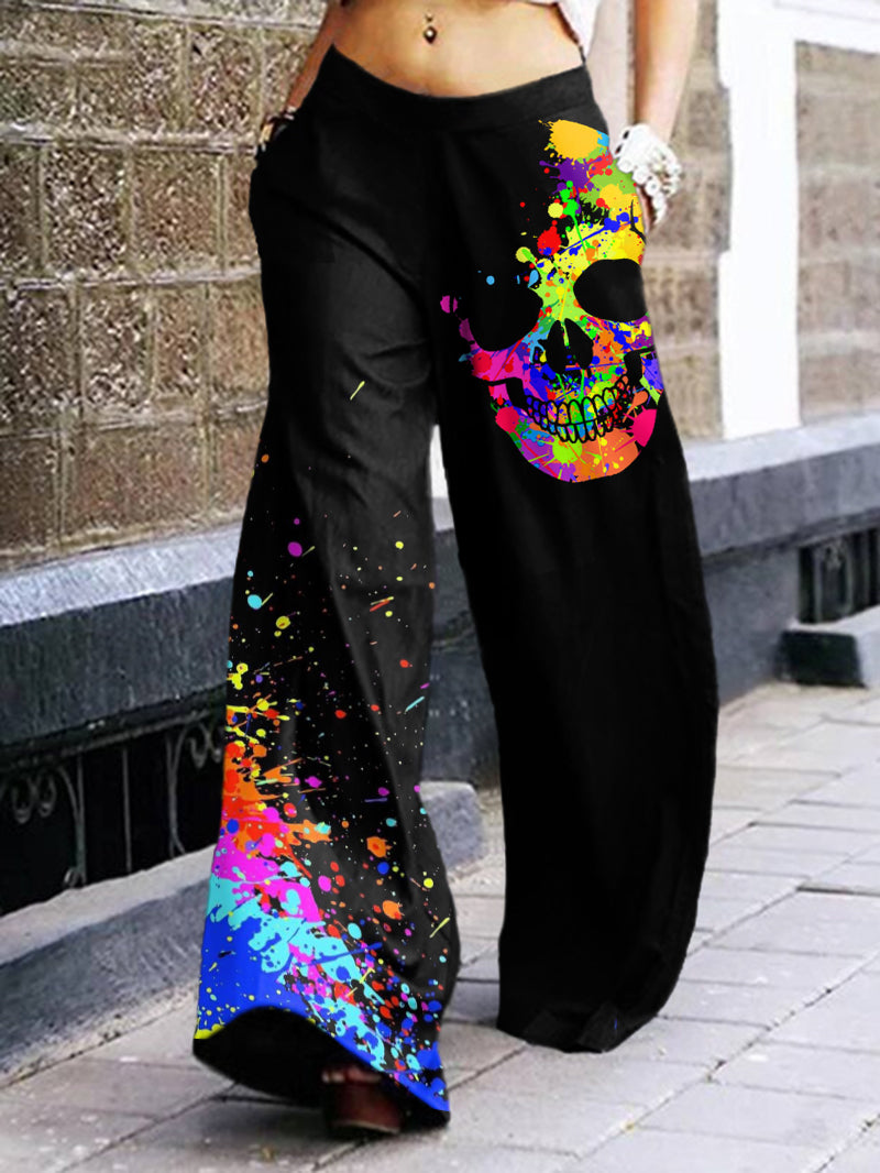 Splash-Ink Colored Skull Printed Trousers