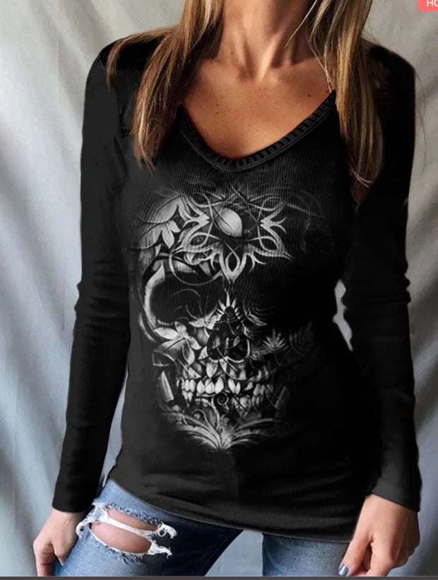 Langarmshirt mit V-Ausschnitt und Punk-Totenkopf-Grafik für Damen 