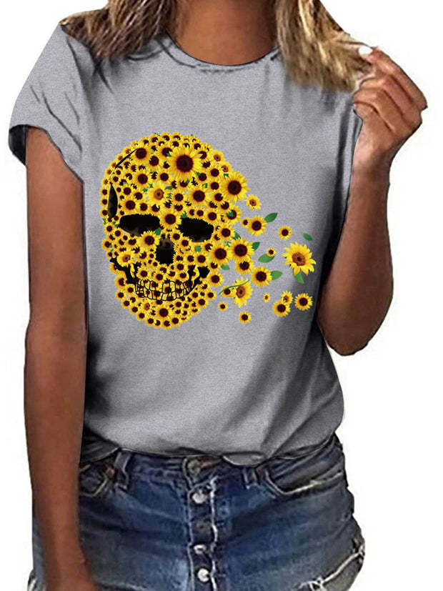 Short Sleeve Sunflower Skull Printed T-shirt