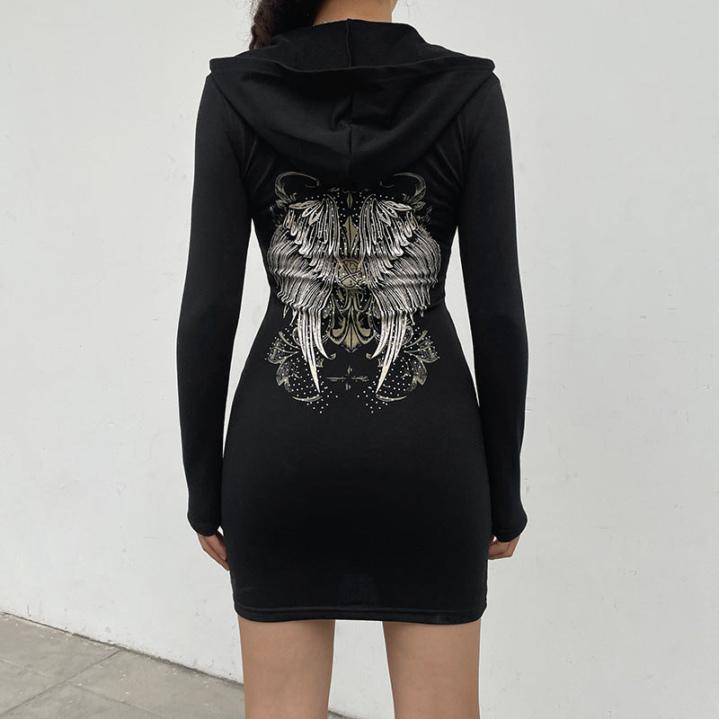 Sexy Wings Printing Slim-Fit Hood Long-Sleeve Zipper Dress