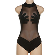 Sexy Jumpsuit mit Patchwork-Muster und schmaler Passform aus transparentem Netzstoff 