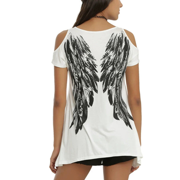Wings Printing off-the-Shoulder Irregular Short Sleeve T-shirt