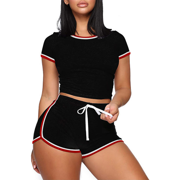 Women's Solid Color Stitching Short Sleeve Casual Sports Suit
