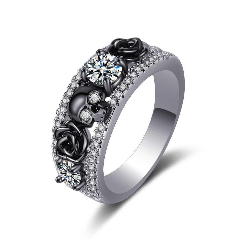 Gothic Skull Flower Black Gold Inlaid Zircon Ring