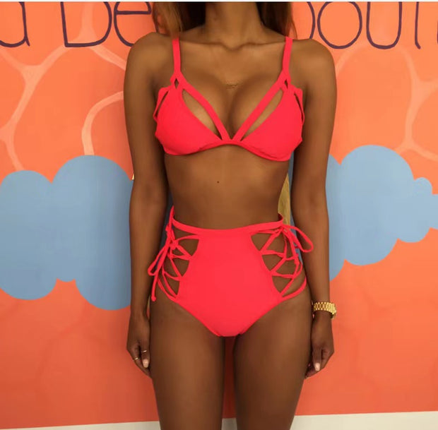 Sexy Solid Color Lace-up Hollow High Waist Bikini