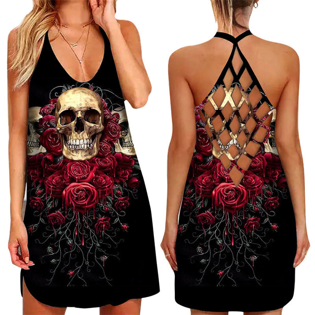 Sexy Kleid mit Rosen-Totenkopf-Print auf der Rückseite 