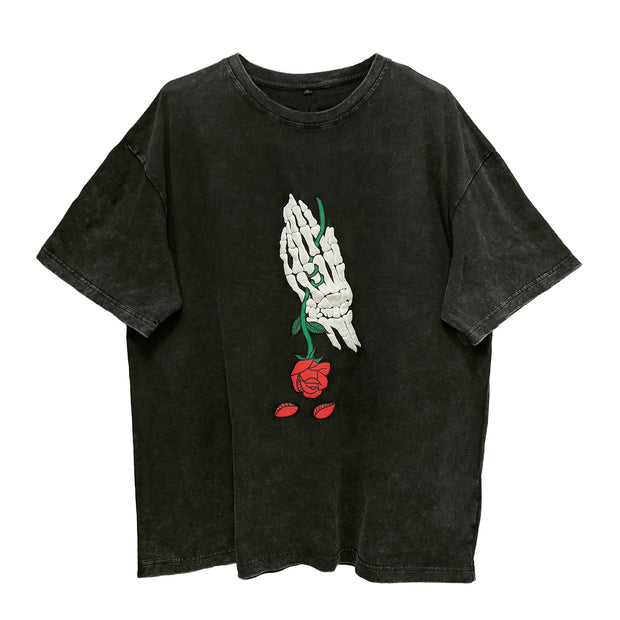 Vintage Rose Skull Hand Printed Short Sleeve round Neck T-shirt