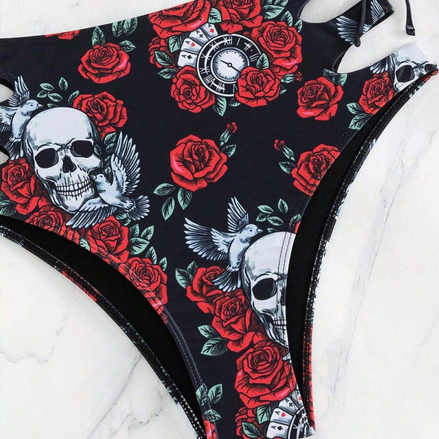 Sexy Flowers Skull Print Tight Bikini Swimsuit