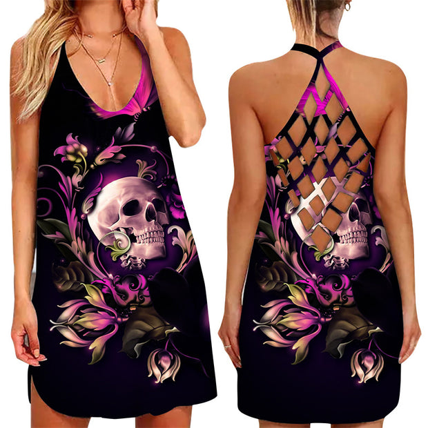 Sexy Kleid mit ausgehöhltem Rücken und Totenkopf-Print 