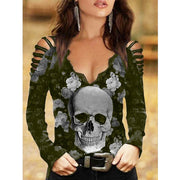 Sexy Skull V-neck Lace off-the-Shoulder T-shirt