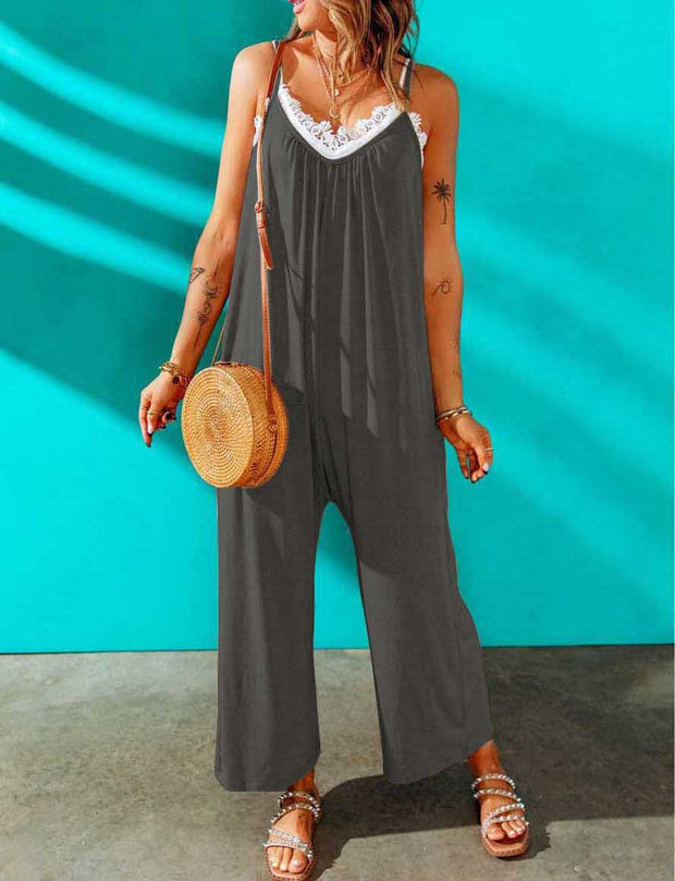 Solid Color Lace V-neck Jumpsuit with Suspenders