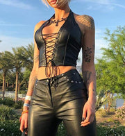 Sexy Halter Hollow out Strap Patent Leather Vest