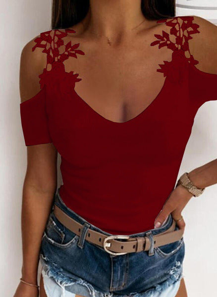 U-Neck Solid Color Lace T-Shirt Top