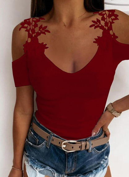 Haut t-shirt en dentelle de couleur unie à col en U