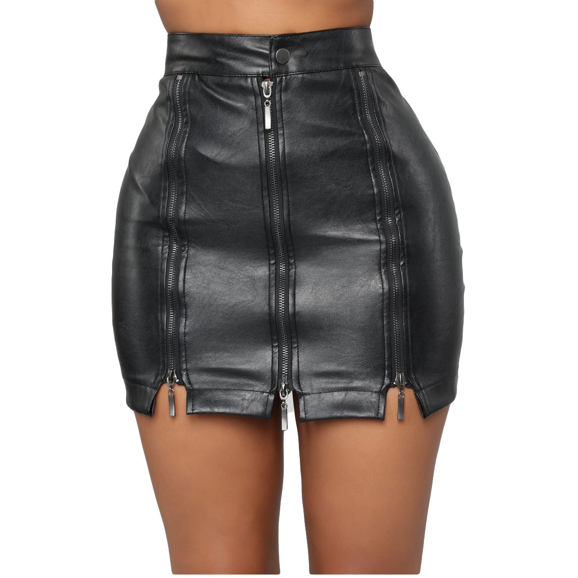 Zipper High Waist Bag Black Short Leather Skirt