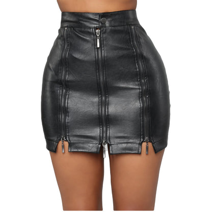 Zipper High Waist Bag Black Short Leather Skirt