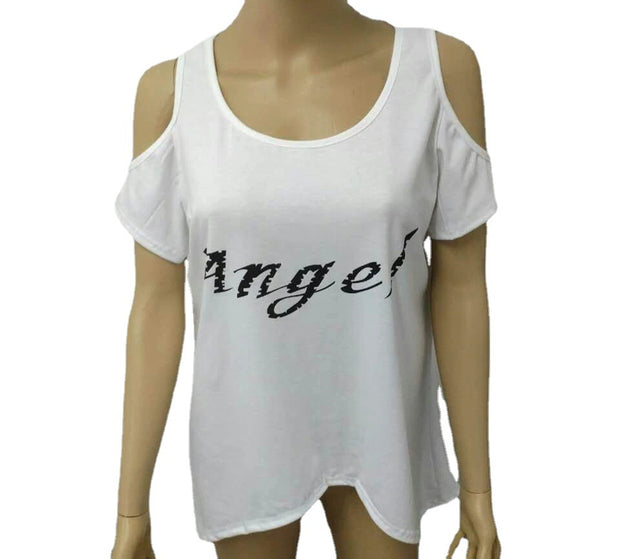 Wings Printing off-the-Shoulder Irregular Short Sleeve T-shirt
