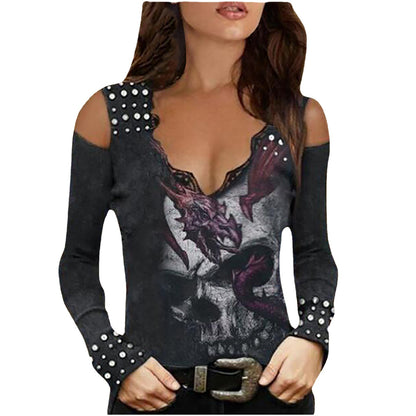 Long-Sleeved T-Shirt With Strapless Hot Drill Butterfly Elements