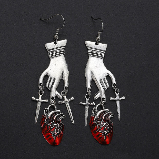 Gothic Dark Blood Drop Heart Palm Earrings